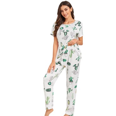 Pijama dama, model cactus, verde/alb, L