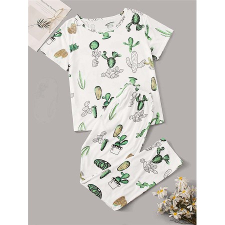 Pijama dama, model cactus, verde/alb, XL