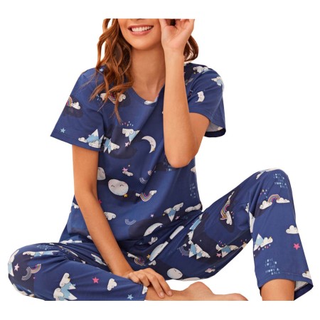 Pijama dama, model Curcubeu, albastru/alb, XL