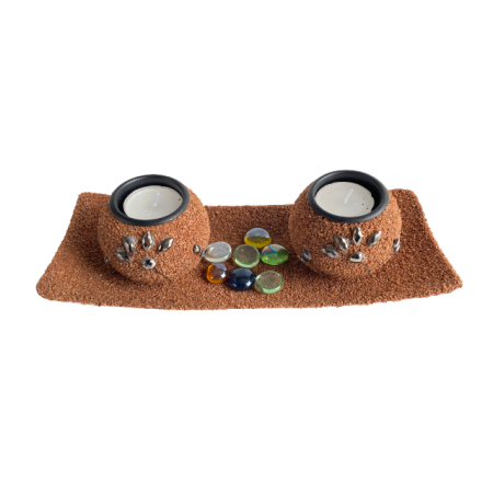 Suport lumanari, pietricele si tava inclusa, maro, 26x10 cm