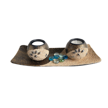 Suport lumanari, pietricele si tava inclusa, negru patinat, 26x10 cm