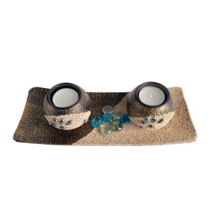 Suport lumanari, pietricele si tava inclusa, negru patinat, 26x10 cm