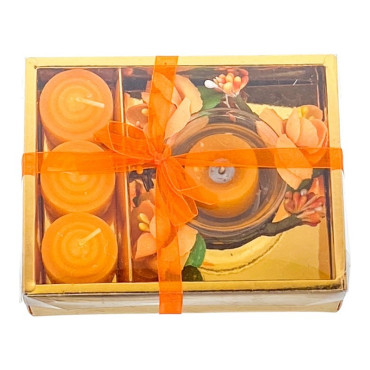 Set 4 lumanari cu vas si flori, forma cadou, portocaliu, 12x15 cm
