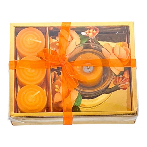 Set 4 lumanari cu vas si flori, forma cadou, portocaliu, 12x15 cm...