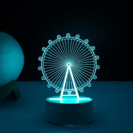 Lampa LED decorativa,  3D, Roata Panoramica, cu telecomanda, doua moduri de alimentare USB si baterii, 20 cm inaltime, din material acril si lumina multicolora, alb