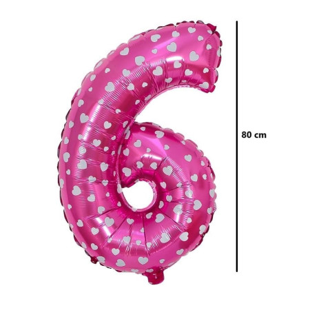 Balon din Folie Metalizata Cyrax, Figurina Cifra, Imprimeu Inimi, Tema Aniversare 80 cm, Ambalaj Individual, Pai inclus, Umflare cu Aer sau Heliu, Roz, Cifra 6