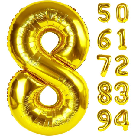 Balon din Folie Metalizata Cyrax, Figurina Cifra, Tema Aniversare 100 cm, Ambalaj Individual, Pai inclus, Umflare cu Aer sau Heliu, Auriu, Cifra 8
