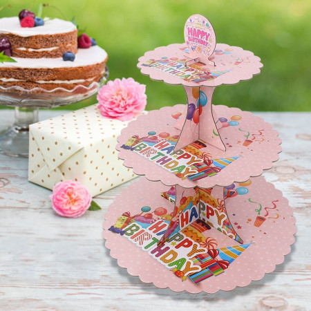 Etajera pentru Prajituri, Cyrax, din Carton, 3 Nivele, 16/22/29 cm Diametru, Inaltime 38 cm, Tema Happy Birthday, Roz