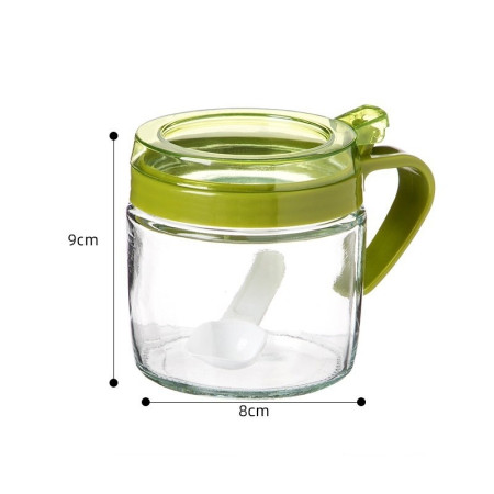 Recipient Condimente, Cyrax, din Stilca, 180 ml, cu Maner si Lingurita, 8 x 9 cm, Capac Transparent, Verde