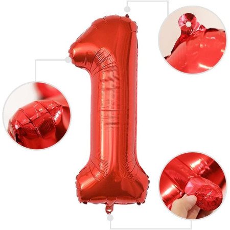 Balon din Folie Metalizata Cyrax, Figurina Cifra, Tema Aniversare 100 cm, Ambalaj Individual, Pai inclus, Umflare cu Aer sau Heliu, Rosu, Cifra 1