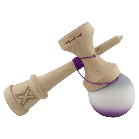 Kendama X Originala, Profesionala, Cyrax, Rubber Grip, Cupe Mari KING SIZE V3, Gaura in Baza, Rulment Metalic, din lemn 18 cm, Ata 62/65 cm, Gradient Gri/Alb/Mov