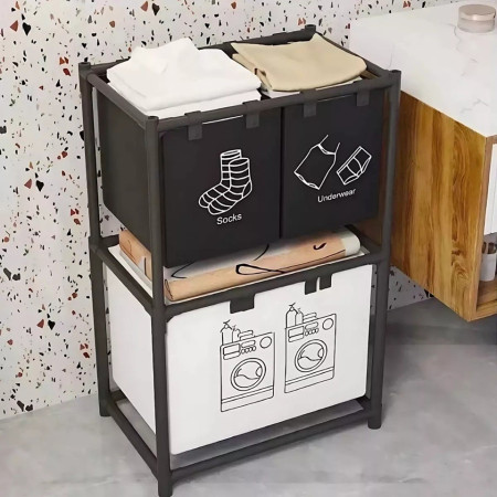 Cos de Rufe,  cu 2 Etaje,  3 Cosuri, Cadru de Otel Inoxidabil, 97x28x57 cm, Negru