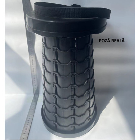 Scaun Telescopic Pliabil pentru Camping si Pescuit,  Portabil, Universal, Sustine 150 kg, ABS, Diametru 25 cm, Extensibil, Inaltime 45 cm, Negru