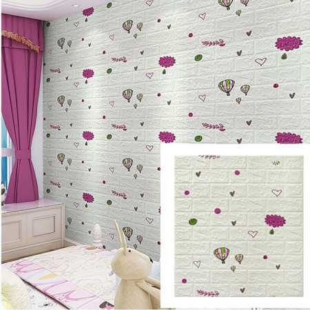 Set 10 Placi Tapet 3D,  70 x 77 cm, Grosime 3 mm, din Polietilena, Tip Caramida, Model cu Baloane, Suprafata acoperita 5.3 mp, Alb