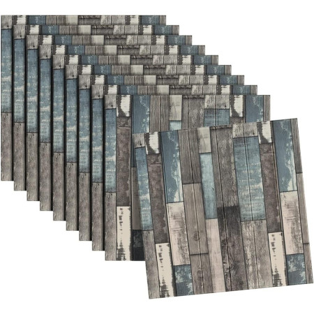 Set 10 Placi Tapet 3D,  70 x 70 cm, Grosime 3 mm, din Rasina, Tip Placi de Lemn, Suprafata Acoperita 4.9 mp, Gri/Albastru