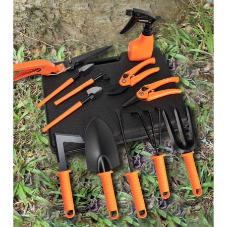 Set 12 accesorii pentru gradinarit  geanta depozitare inclusa, otel inoxidabil, 37 x 27 cm, portocaliu
