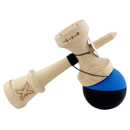 Kendama X Originala, Profesionala, Cyrax, Rubber Grip, Cupe Mari KING SIZE V3, Gaura in Baza, Rulment Metalic, din lemn 18 cm, Ata 62/65 cm, Bicolor Albastru/Negru
