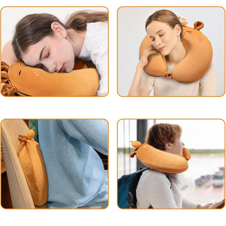 Perna de Calatorie in Forma de U,  Pentru Gat si Cap, Umplutura din Spuma cu Memorie, 30x30 cm, Model Capybara, Accesoriu de Voiaj, Birou, Masina, Sistem Prindere Capse, Maro