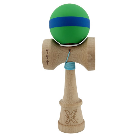 Kendama X Originala, Profesionala, Cyrax, Cupe Mari KING SIZE V3, Rubber Grip, Gaura in Baza, Rulment Metalic, din lemn 18 cm, Ata 62/65 cm, M Verde/Albastru/Verde