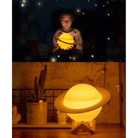 Lampa de Veghe,  Model Planeta Saturn, 3D, Lumina Alb Cald, Suport din Plastic, cu Baterii, 13 cm, Alb