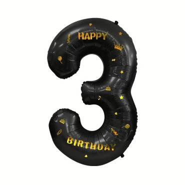 Balon din Folie Metalizata Cyrax, Figurina Cifra, Scris Happy Birthday, Tema Aniversare 100 cm, Ambalaj Individual, Pai inclus, Umflare cu Aer sau Heliu, Negru, Cifra 3