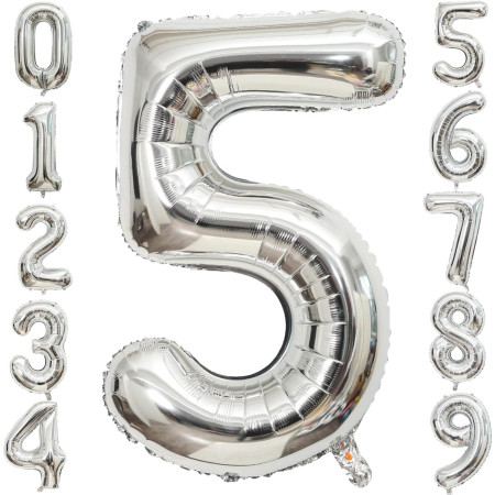 Balon din Folie Metalizata Cyrax, Figurina Cifra, Tema Aniversare 40 cm, Ambalaj Individual, Pai inclus, Umflare cu Aer sau Heliu, Argintiu, Cifra 5