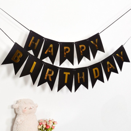 Banner Happy Birthday 100x200 cm, Cyrax, Dimensiune Stegulet 11.5x16.5 cm, Rola de Ata Inclusa, Negru