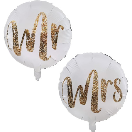 Set 12 Baloane din Folie Metalizata si din Latex, Cyrax, Model Mr Mrs, Tema Nunta, Baloane Party cu Confetti, 45 cm, 30 cm, Pai inclus, Umflare cu Aer sau Heliu, Alb/Auriu