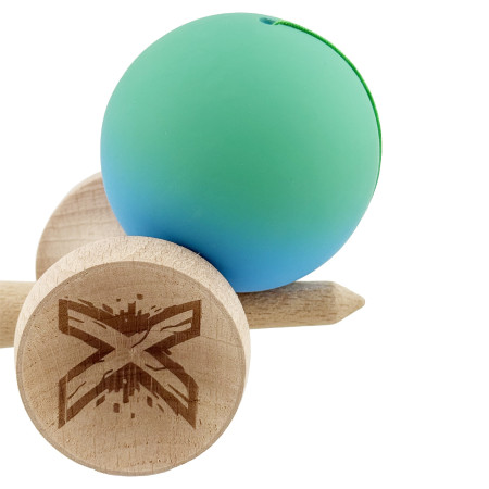 Kendama X Originala, Profesionala, Cyrax, Cupe Mari KING SIZE V3, Rubber Grip, Gaura in Baza, Rulment Metalic, din lemn 18 cm, Ata 62/65 cm, Gradient Verde/Albastru