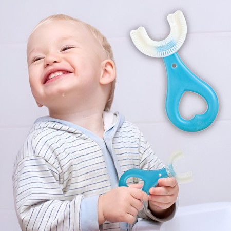 Periuta de Dinti in Forma de U,  pentru Sugari si Copii 2-6 ani, Peri Moi, 9 cm, Model Inima, Culoare Albastru