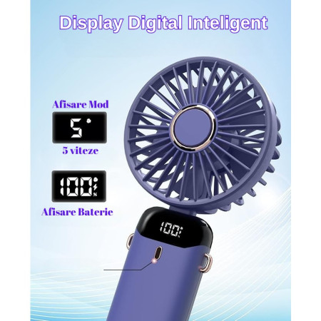 Ventilator Ultra Portabil cu Aromaterapie,  3 in 1, de Mana, de Birou, de Gat, 5 Trepte de Viteza, Incarcare USB, Autonomie 12h, Pliabil, cu Ecran LCD, Mov