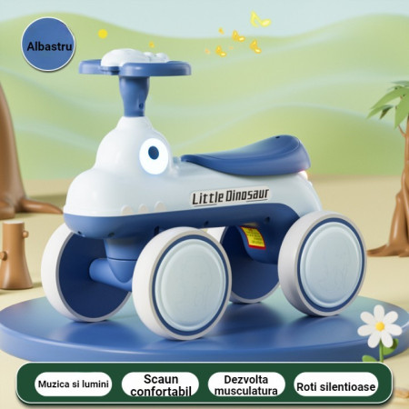 Bicicleta Pentru Copii, Cyrax, Fara Pedale, Cu Patru Roti, Din Plastic Rezistent, Fara BPA, Cu Muzica Si Lumini, Model Dinozaur, 50x27x40 Cm, Albastru