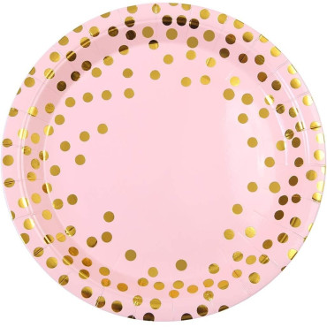 Set 10 Farfurii Unica Folosinta, Cyrax, Imprimeu cu Buline, din Carton, Diametru 18 cm, Roz/Auriu