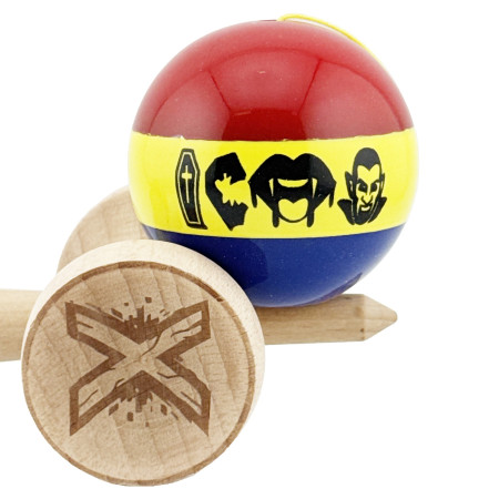 Kendama X Originala, Profesionala, Cyrax, Tricolor Edition Vampir Dracula, Super Sticky cu Cupe Mari KING SIZE V3, Rulment Metalic si Gaura in Baza, din Lemn 18 cm, Ata 62/65 cm, Multicolor