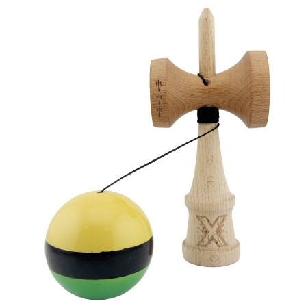 Kendama X Originala, Profesionala, Cyrax, Big Cups V2, Super Sticky cu Cupe Mari, din lemn 18 cm, Rulment Metalic cu Ata 55 cm, Galben/Negru/Verde