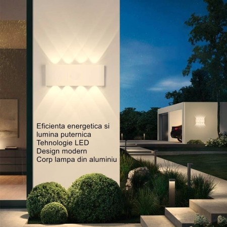 Aplica pentru Perete,  Interior/Exterior, Rezistenta la Umezeala IP65, 8 W, Lumina Calda, Aluminiu, 22x8 cm, Alb