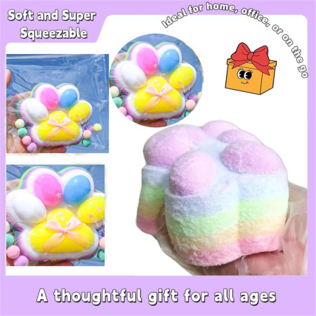 Jucarie Antistres Squishy, Cyrax, cu Revenire Lenta, Model Labuta de Pisica Pufoasa, 12.5x10.5 cm, 220g, Squeeze Pinch Family, Ambalaj Transparent, Roz Curcubeu