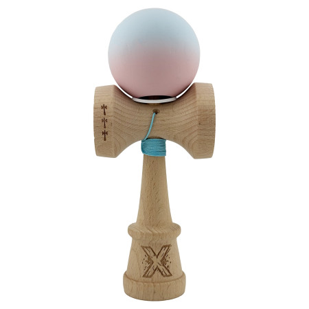 Kendama X Originala, Profesionala, Cyrax, Cupe Mari KING SIZE V3, Rubber Grip, Gaura in Baza, Rulment Metalic, din lemn 18 cm, Ata 62/65 cm, Gradient Albastru deschis/Roz