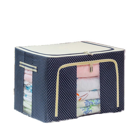 Cutie de Depozitare Pliabila,  66 L, din Panza Oxford, 50x40x33 cm, 2 Ferestre, Frontala si Laterala, 2 Usi de Acces cu Fermoar Bidirectional, Cadru Metalic, Suport Baza Stabil din Plastic, Imprimeu Buline, Albastru Marin
