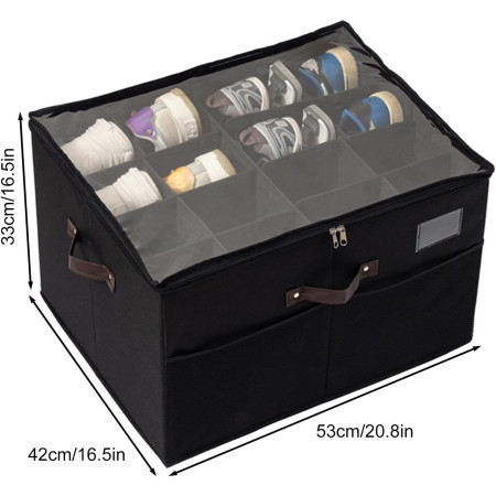 Cutie de Depozitare pentru Pantofi,  53x42x33 cm, cu Capac Transparent si Fermoar, din Panza Oxford, Pliabila, Negru