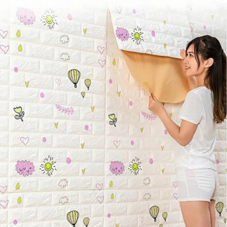 Set 10 Placi Tapet 3D,  70 x 77 cm, Grosime 3 mm, din Polietilena, Tip Caramida, Model cu Baloane, Suprafata acoperita 5.3 mp, Alb