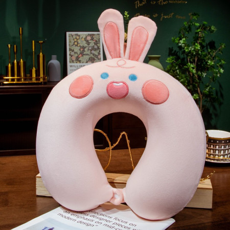 Perna de Calatorie in Forma de U,  Pentru Gat si Cap, Umplutura din Spuma cu Memorie, 30x30 cm, Model Iepuras, Accesoriu de Voiaj, Birou, Masina, Sistem Prindere Capse, Roz