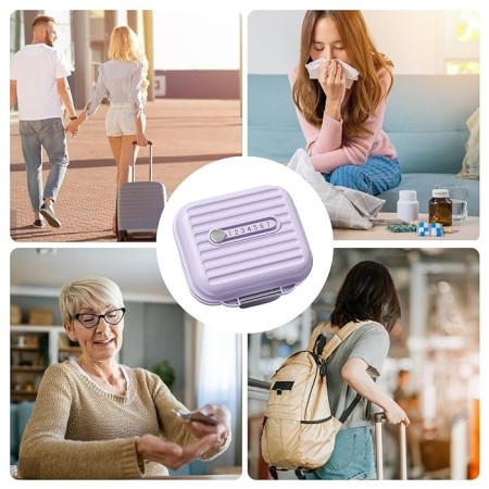 Cutie Medicamente,  Mov, 7 Compartimente, Portabila si Compacta, 7.8x7.2x3.5 cm, Ideala pentru Uzul Cotidian