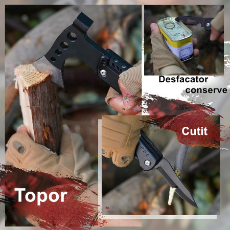 Kit supravietuire multifunctional 16 in 1  Instrumente profesionale, Agatatoare ghiozdan, pentru Camping, Drumetii, Aventuri in aer liber, borseta inclusa, negru