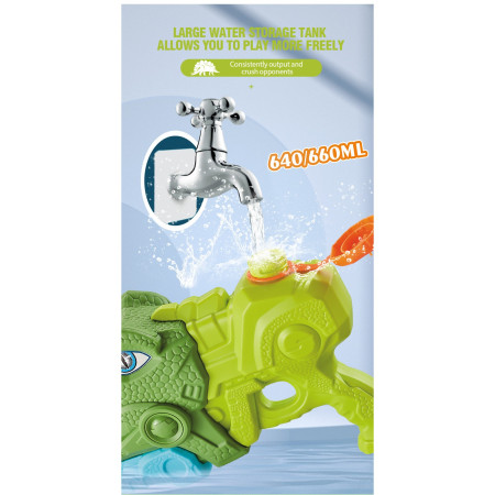 Pistol cu Apa pentru Copii, Rezervor, Pentru Piscina/Plaja, Cyrax, 6ani+, Tiranozaur, 3 duze, Verde, 660ML