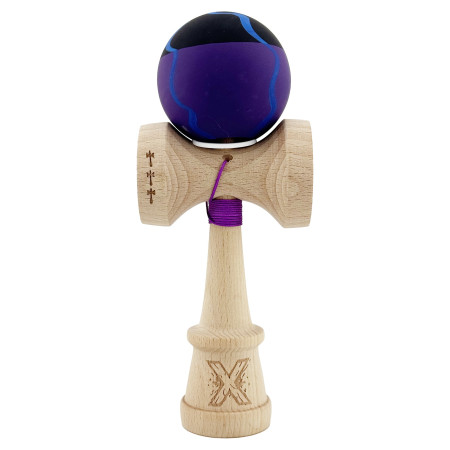 Kendama X Originala, Profesionala, Cyrax, Rubber Grip, Cupe Mari KING SIZE V3, Gaura in Baza, Rulment Metalic, din lemn 18 cm, Ata 62/65 cm, Special Negru/Mov/Albastru