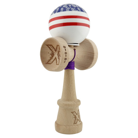 Kendama X Originala CHICANOS, Profesionala, Cyrax, Cupe Mari KING SIZE V3, Super Sticky, Gaura in Baza, Rulment Metalic, din lemn 18 cm, Ata 55 cm, Mov/Alb
