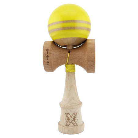 Kendama X Rainbow Originala, Profesionala, Cyrax, Big Cups V2, Super Sticky cu Cupe Mari, Rulment Metalic, din lemn 18 cm, Ata 55 cm, Galben/Maro
