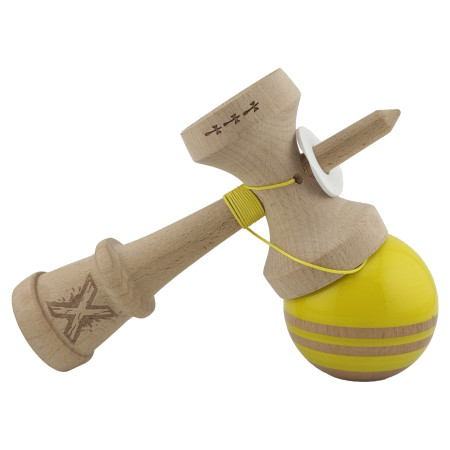 Kendama X Originala RAINBOW, Profesionala, Cyrax, Cupe Mari KING SIZE V3, Super Sticky, Gaura in Baza, Rulment Metalic, din lemn 18 cm, Ata 55 cm, Galben/Maro