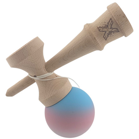 Kendama X Originala, Profesionala, Cyrax, din Lemn, Rubber Grip, 18 cm, Gradient Albastru/Roz/Alb